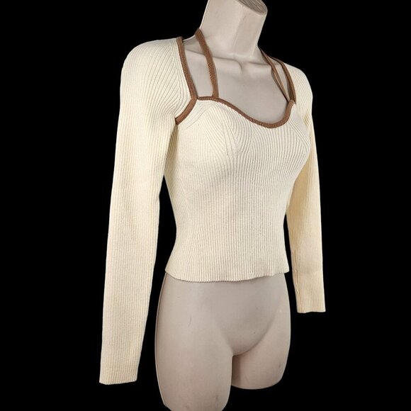 Mon Renn Cream Rib Knit Halter Sweater Size 4 Cropped Long Sleeve Brown Trim - Picture 1 of 7